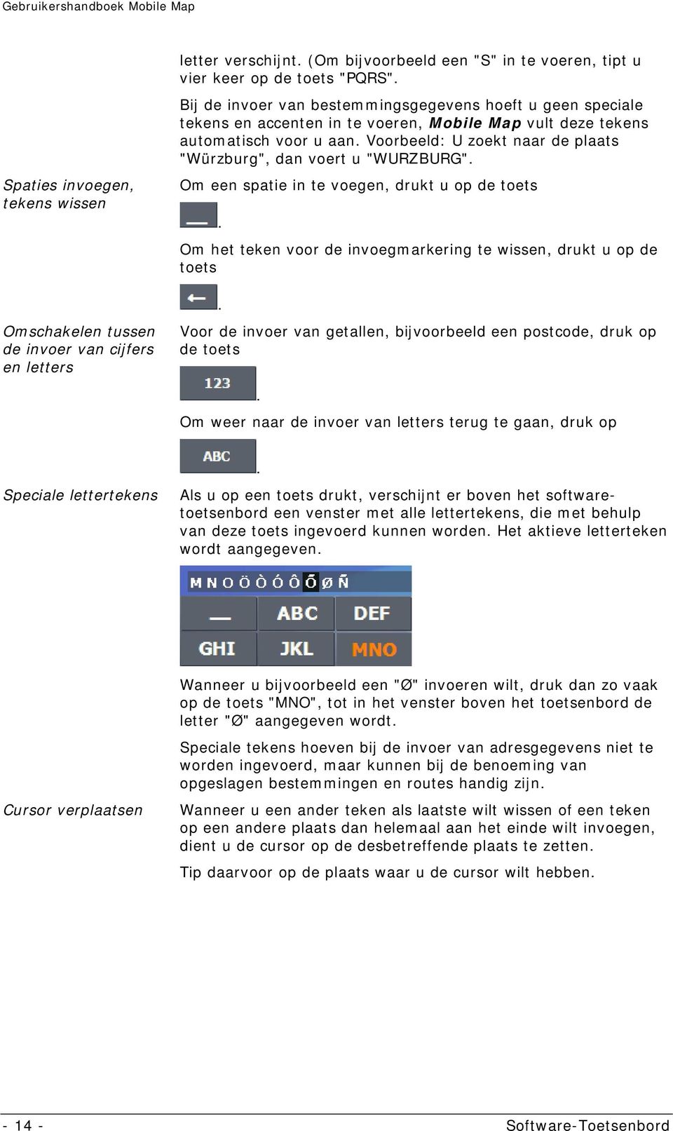 Voorbeeld: U zoekt naar de plaats "Würzburg", dan voert u "WURZBURG". Om een spatie in te voegen, drukt u op de toets. Om het teken voor de invoegmarkering te wissen, drukt u op de toets.