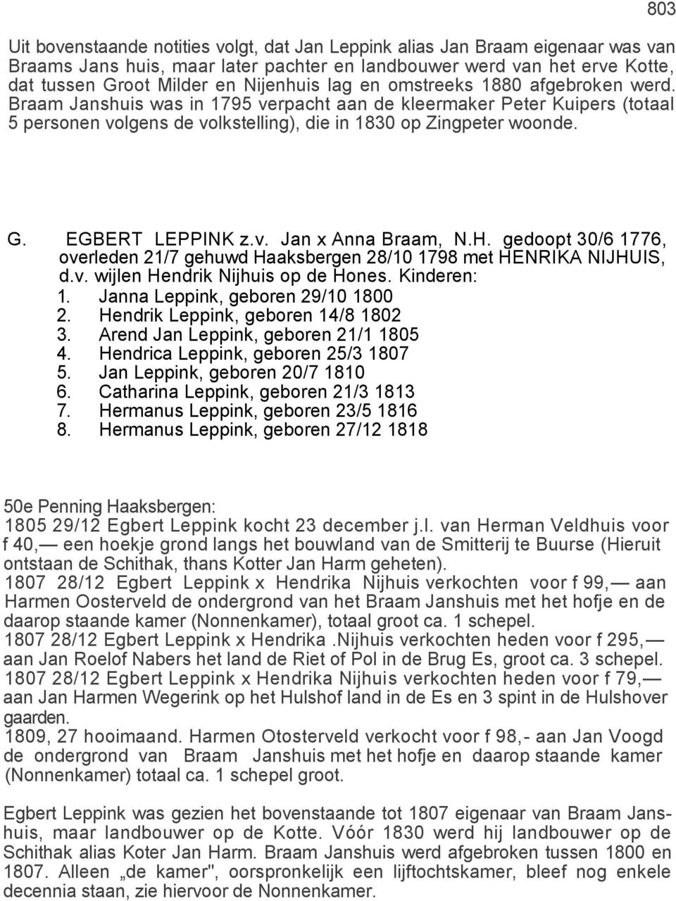 EGBERT LEPPINK z.v. Jan x Anna Braam, N.H. gedoopt 30/6 1776, overleden 21/7 gehuwd Haaksbergen 28/10 1798 met HENRIKA NIJHUIS, d.v. wijlen Hendrik Nijhuis op de Hones. Kinderen: 1.