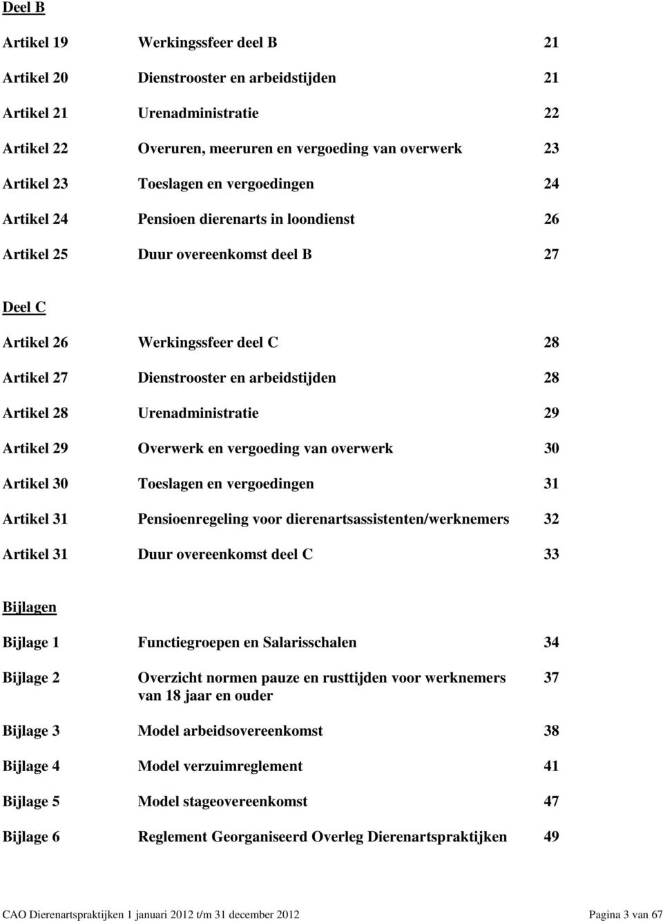 Artikel 28 Urenadministratie 29 Artikel 29 Overwerk en vergoeding van overwerk 30 Artikel 30 Toeslagen en vergoedingen 31 Artikel 31 Pensioenregeling voor dierenartsassistenten/werknemers 32 Artikel