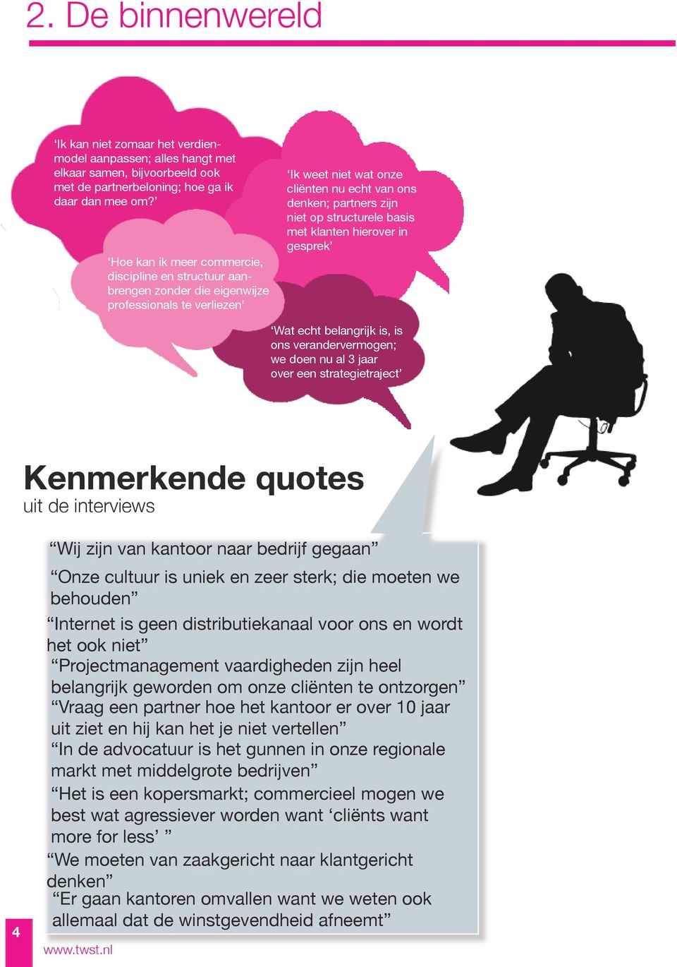 basis met klanten hierover in gesprek Wat echt belangrijk is, is ons verandervermogen; we doen nu al 3 jaar over een strategietraject Kenmerkende quotes uit de interviews Wij zijn van kantoor naar