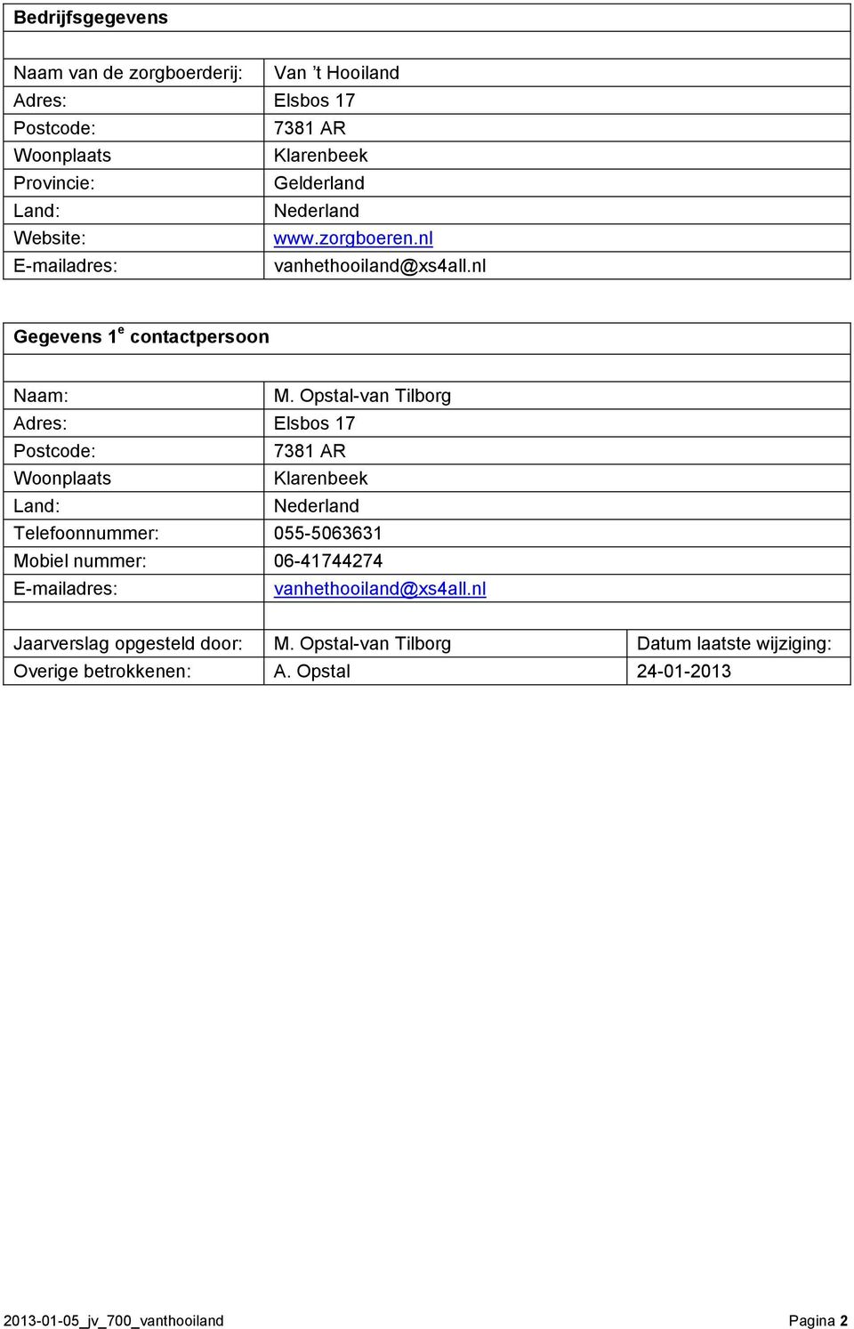 Opstal-van Tilborg Adres: Elsbos 17 Postcode: 7381 AR Woonplaats Klarenbeek Land: Nederland Telefoonnummer: 055-5063631 Mobiel nummer: 06-41744274