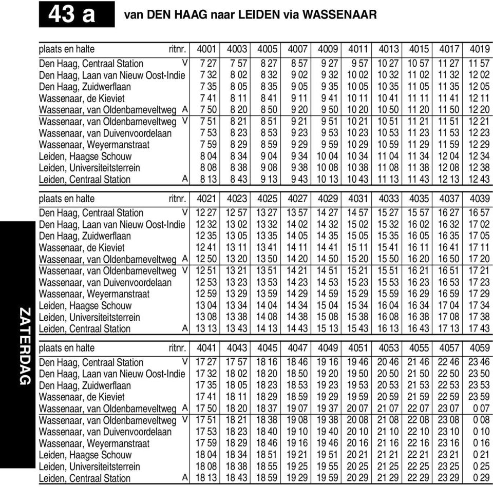 Zuidwerflaan 7 35 8 05 8 35 9 05 9 35 0 05 0 35 05 35 05 Wassenaar, de Kieviet 7 4 8 8 4 9 9 4 0 0 4 4 Wassenaar, van Oldenbarneveltweg A 7 50 8 0 8 50 9 0 9 50 0 0 0 50 0 50 0 Wassenaar, van