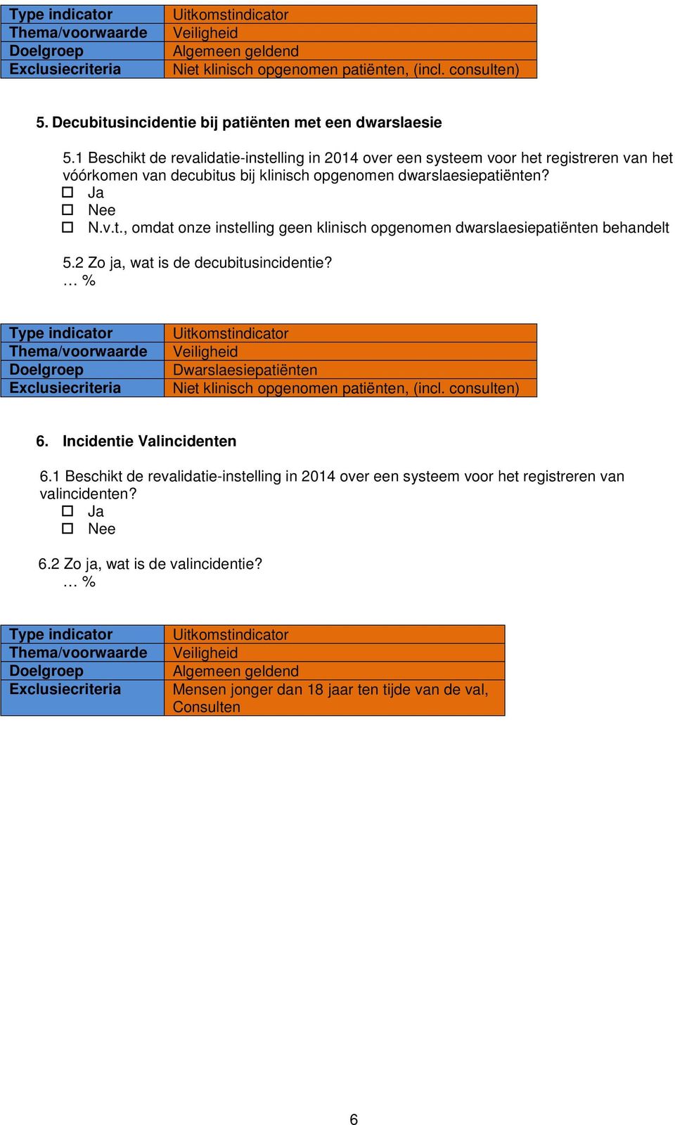 1 Beschikt de revalidatie-instelling in 2014 over een systeem voor het registreren van het vóórkomen van decubitus bij klinisch opgenomen dwarslaesiepatiënten? N.v.t., omdat onze instelling geen klinisch opgenomen dwarslaesiepatiënten behandelt 5.