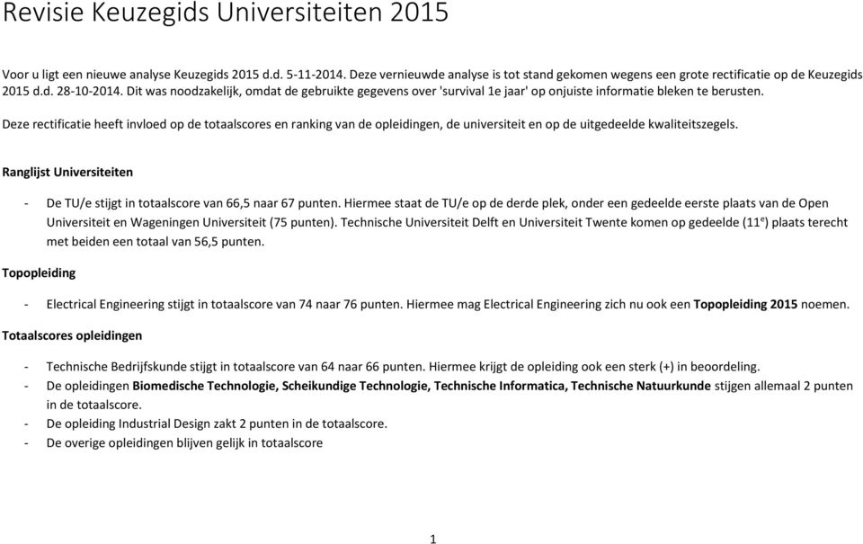 Deze rectificatie heeft invloed op de totaalscores en ranking van de opleidingen, de universiteit en op de uitgedeelde kwaliteitszegels.