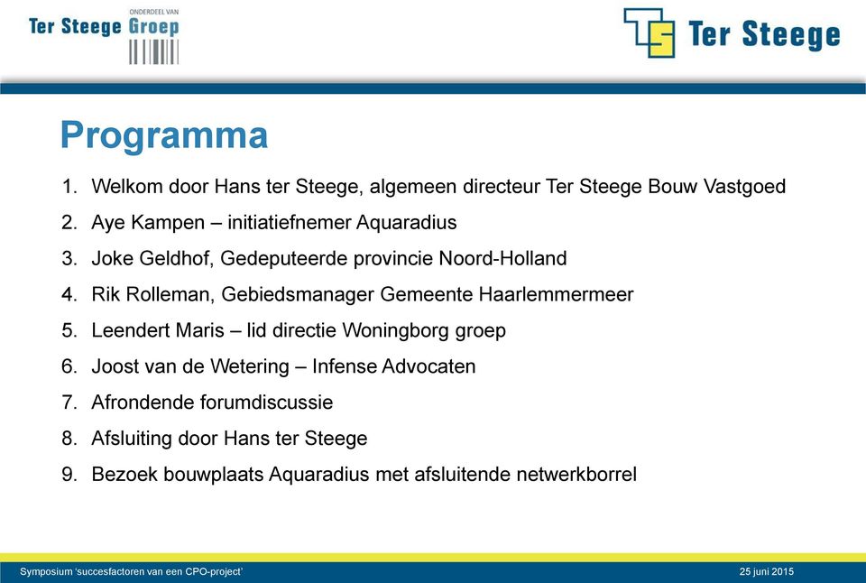 Rik Rolleman, Gebiedsmanager Gemeente Haarlemmermeer 5. Leendert Maris lid directie Woningborg groep 6.