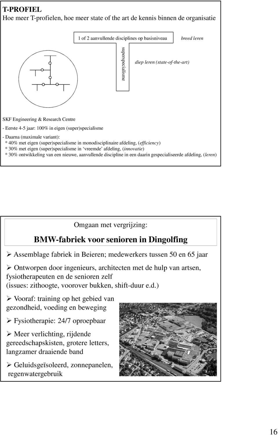 (efficiency) * 30% met eigen (super)specialisme in vreemde afdeling, (innovatie) * 30% ontwikkeling van een nieuwe, aanvullende discipline in een daarin gespecialiseerde afdeling, (leren) Assemblage