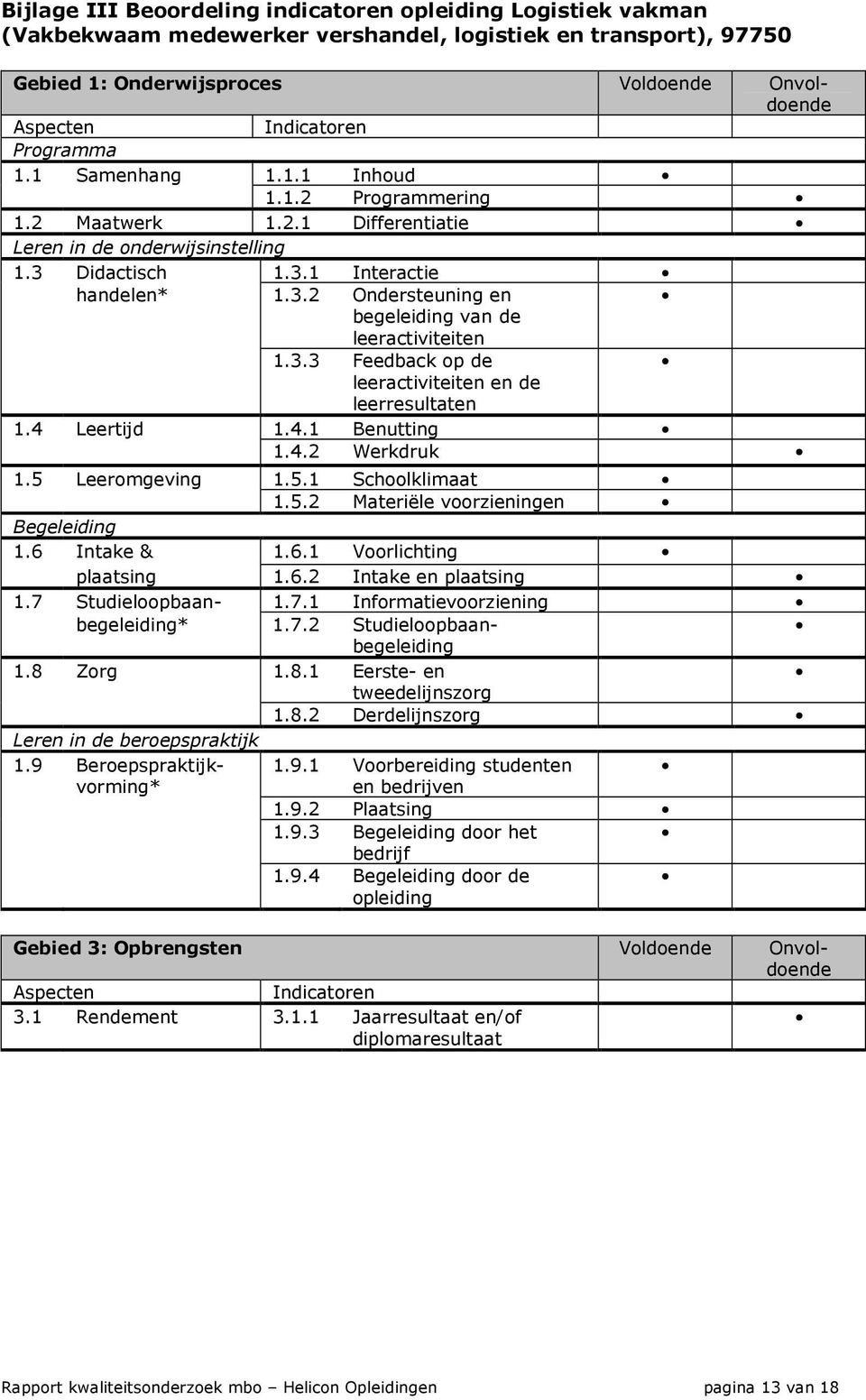 3.3 Feedback op de leeractiviteiten en de leerresultaten 1.4 Leertijd 1.4.1 Benutting 1.4.2 Werkdruk 1.5 Leeromgeving 1.5.1 Schoolklimaat 1.5.2 Materiële voorzieningen Begeleiding 1.6 