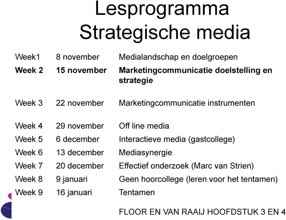 december Interactieve media (gastcollege) Week 6 13 december Mediasynergie Week 7 20 december Effectief onderzoek (Marc van