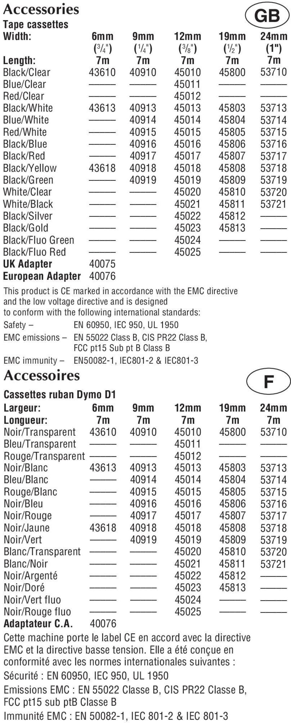 White/Clear 45020 45810 White/Black 45021 45811 Black/Silver 45022 45812 Black/Gold 45023 45813 Black/Fluo Green 45024 Black/Fluo Red 45025 UK Adapter 40075 European Adapter 40076 This product is CE