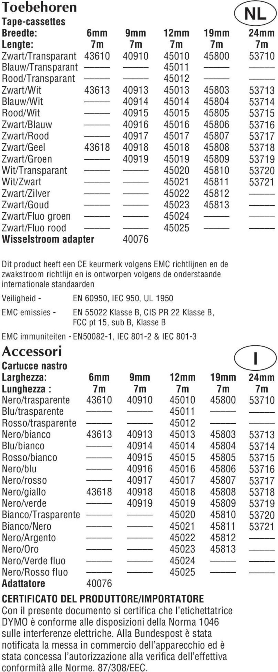 45020 45810 Wit/Zwart 45021 45811 Zwart/Zilver 45022 45812 Zwart/Goud 45023 45813 Zwart/Fluo groen 45024 Zwart/Fluo rood 45025 Wisselstroom adapter 40076 Dit product heeft een CE keurmerk volgens EMC