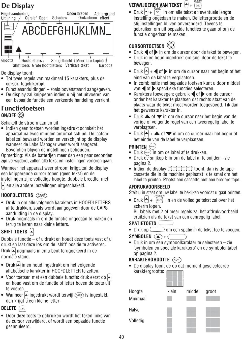 De display zal knipperen indien u bij het uitvoeren van een bepaalde functie een verkeerde handeling verricht. Functietoetsen ON/OFF Schakelt de stroom aan en uit.