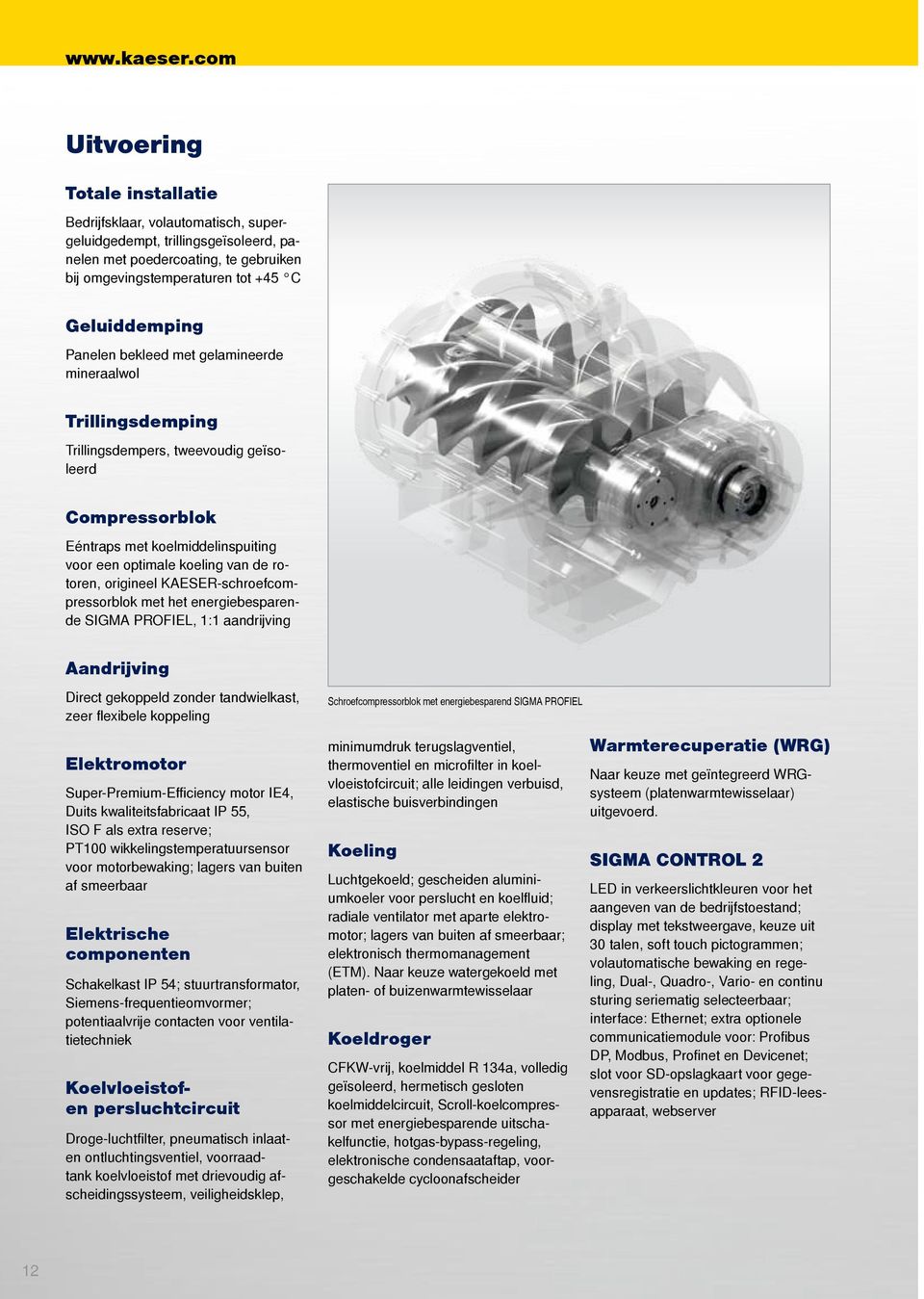 +5 C Aanzuigfilter Inlaatventiel Geluiddemping Aandrijfmotor Panelen bekleed met gelamineerde mineraalwol Fluid-afscheidingstank Persluchtnakoeler KAESER-cycloonafscheider Trillingsdemping