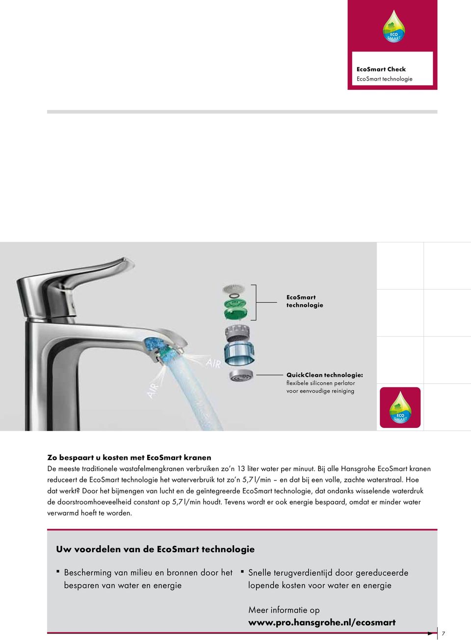 Bij alle Hansgrohe EcoSmart kranen reduceert de EcoSmart technologie het waterverbruik tot zo n 5,7 l/min en dat bij een volle, zachte waterstraal. Hoe dat werkt?