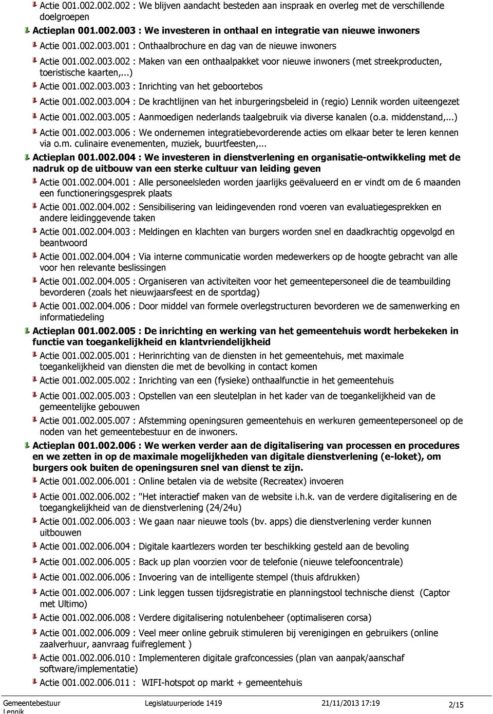 002.003.004 : De krachtlijnen van het inburgeringsbeleid in (regio) worden uiteengezet Actie 001.002.003.005 : Aanmoedigen nederlands taalgebruik via diverse kanalen (o.a. middenstand,...) Actie 001.