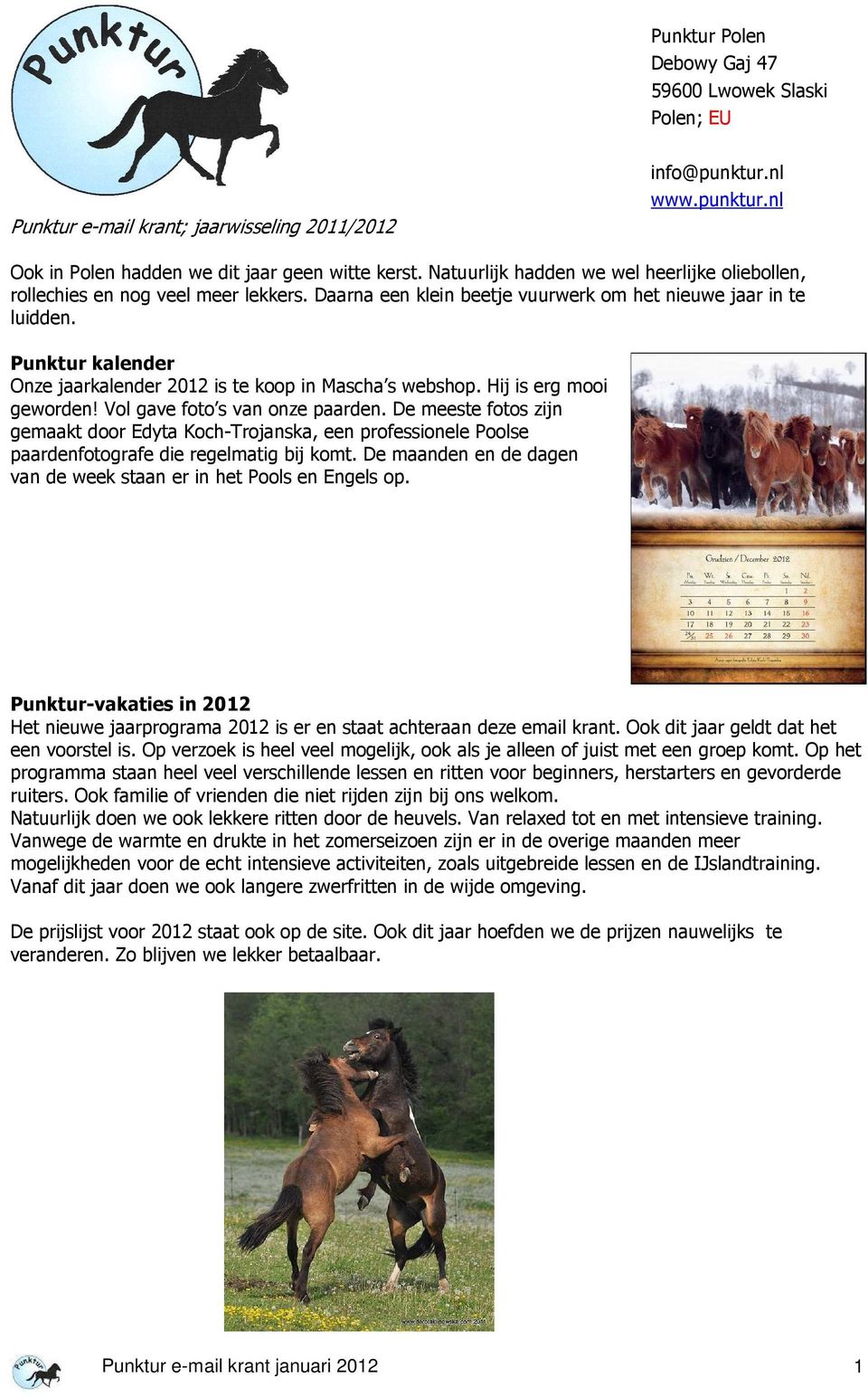 Punktur kalender Onze jaarkalender 2012 is te koop in Mascha s webshop. Hij is erg mooi geworden! Vol gave foto s van onze paarden.