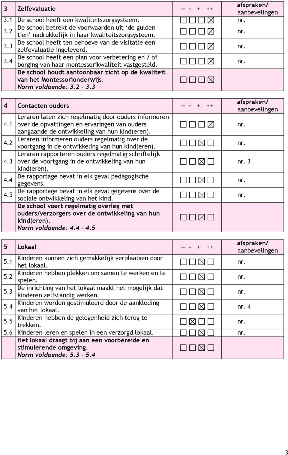 De school houdt aantoonbaar zicht op de kwaliteit van het Montessorionderwijs. Norm voldoende: 3.2-3.3 4 Contacten ouders -- - + ++ 4.1 4.2 4.3 4.4 4.