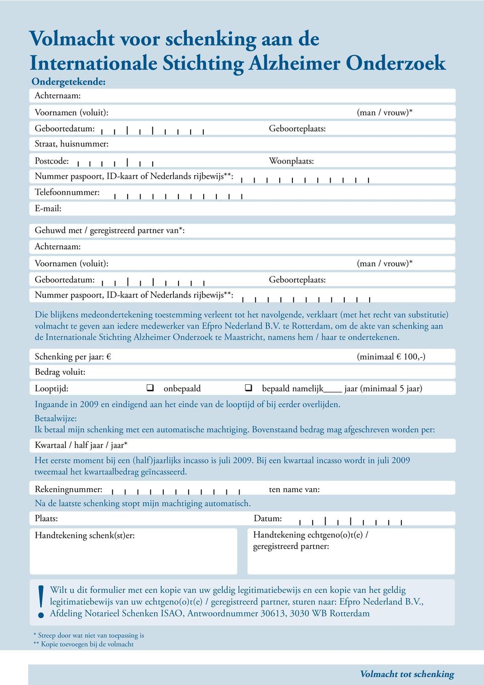 ID-kaart of Nederlands rijbewijs**: Geboorteplaats: (man / vrouw)* Die blijkens medeondertekening toestemming verleent tot het navolgende, verklaart (met het recht van substitutie) volmacht te geven