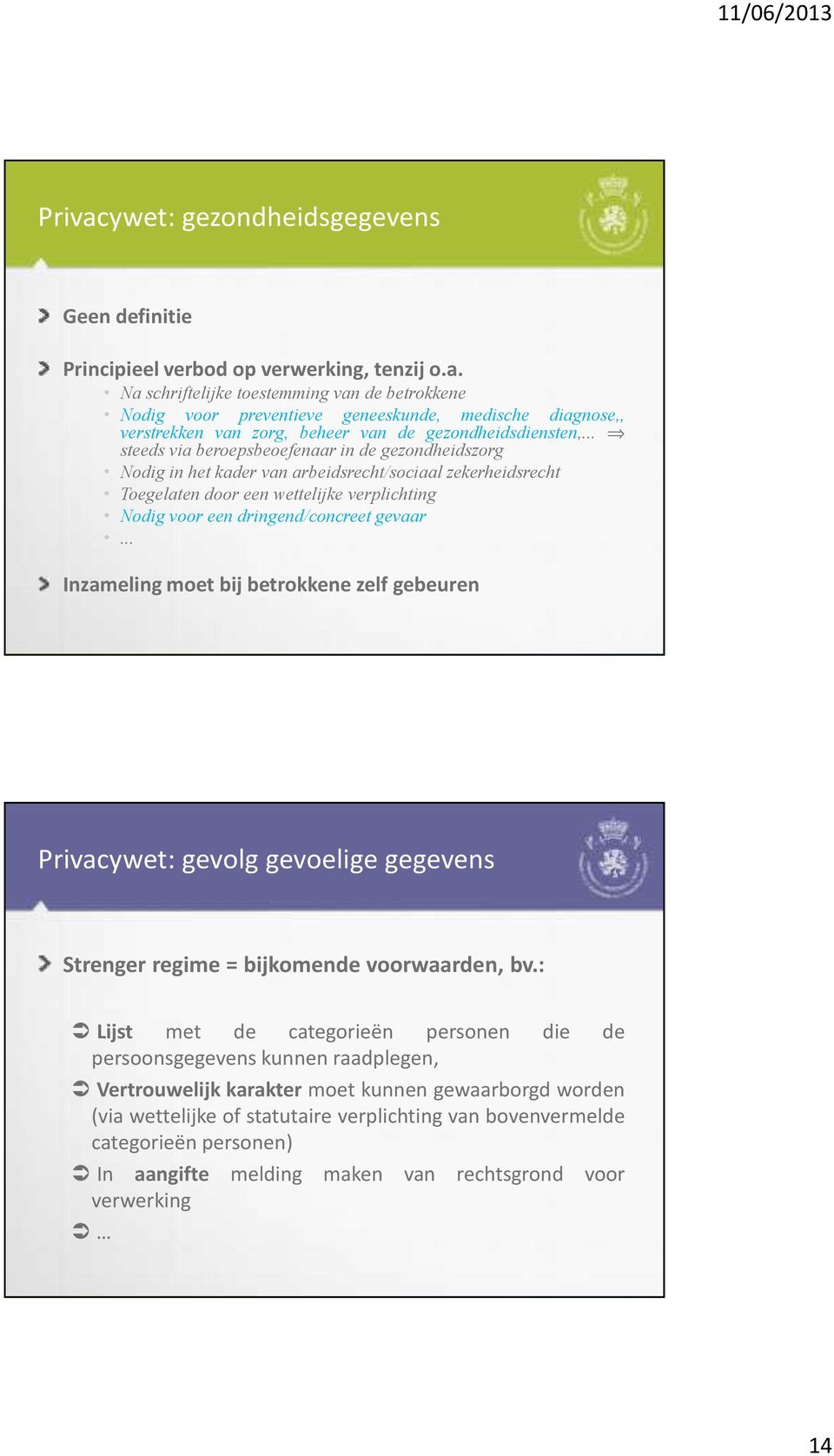 .. Inzameling moet bij betrokkene zelf gebeuren Privacywet: gevolg gevoelige gegevens Strenger regime = bijkomende voorwaarden, bv.