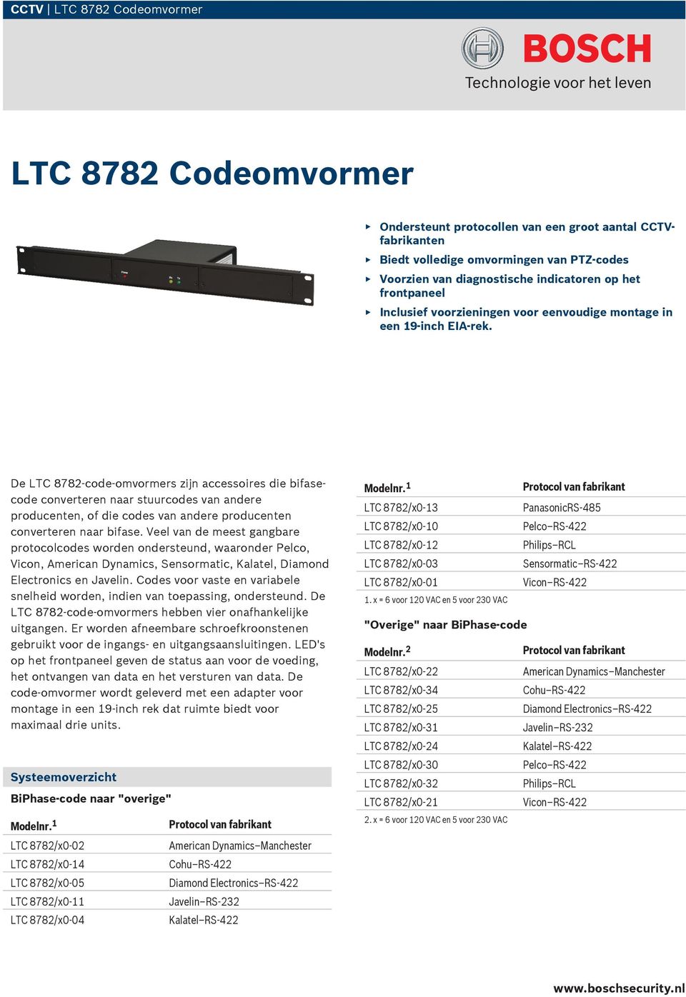 De LTC 8782-code-omvormers zijn accessoires die bifasecode converteren naar stuurcodes van andere producenten, of die codes van andere producenten converteren naar bifase.
