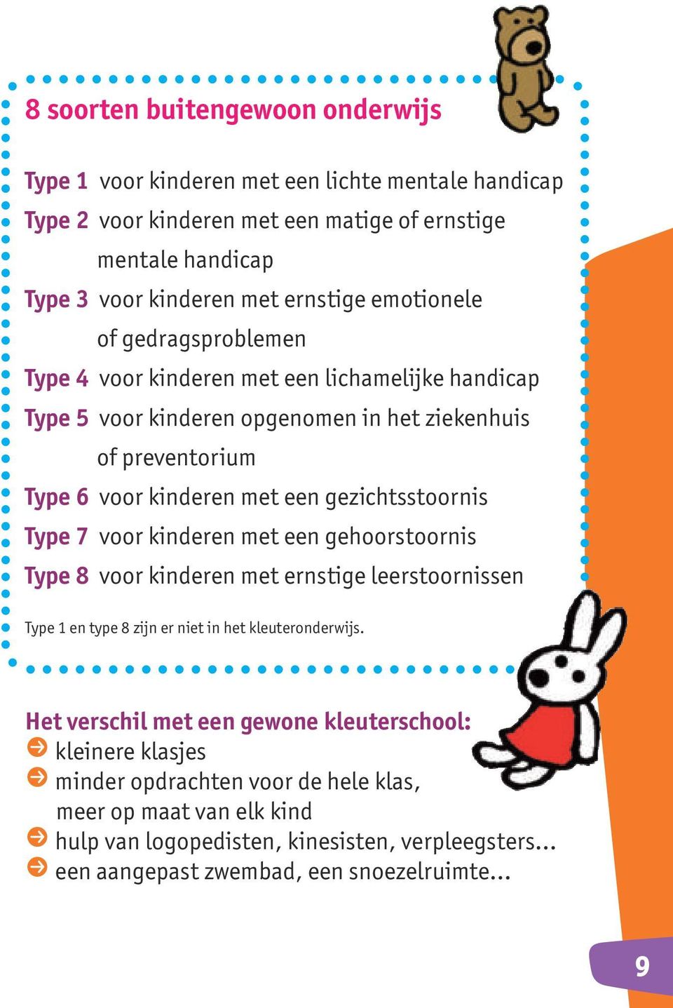 gezichtsstoornis Type 7 voor kinderen met een gehoorstoornis Type 8 voor kinderen met ernstige leerstoornissen Type 1 en type 8 zijn er niet in het kleuteronderwijs.