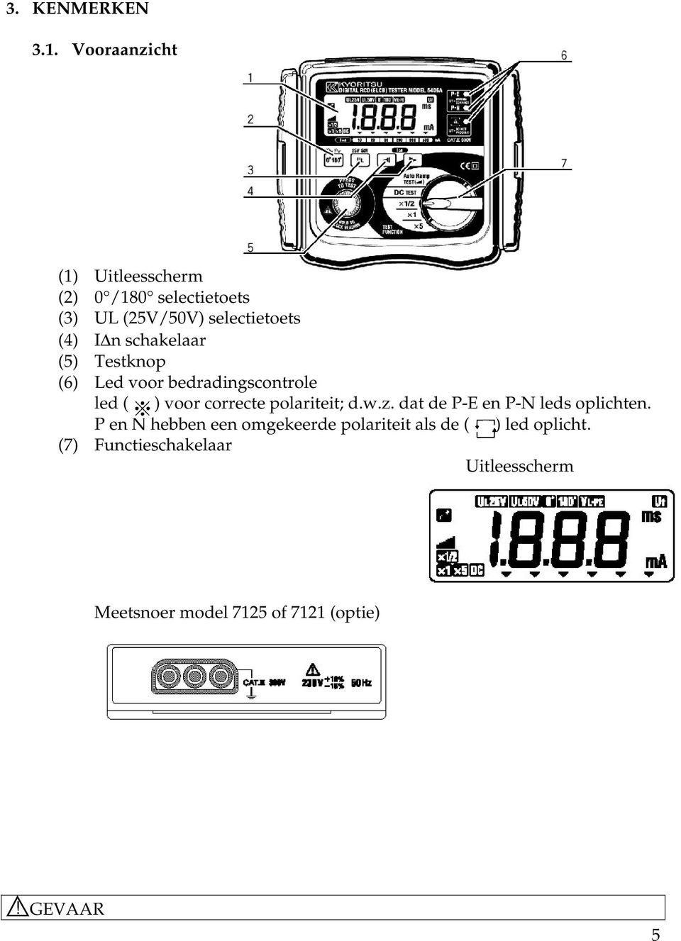 schakelaar (5) Testknop (6) Led voor bedradingscontrole led ( ) voor correcte polariteit; d.w.z.