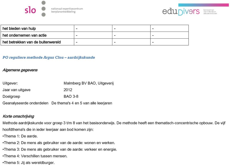 groep 3 t/m 8 van het basisonderwijs. De methode heeft een thematisch-concentrische opbouw. De vijf hoofdthema's die in ieder leerjaar aan bod komen zijn: Thema 1: De aarde.