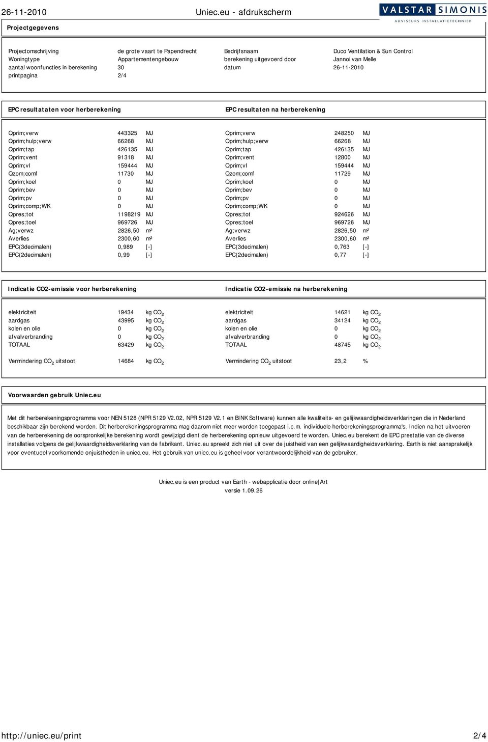 Melle aantal woonfuncties in berekening 30 datum 26-11-2010 printpagina 2/4 EPC resultataten voor herberekening EPC resultaten na herberekening Qprim;verw 443325 MJ Qprim;verw 248250 MJ