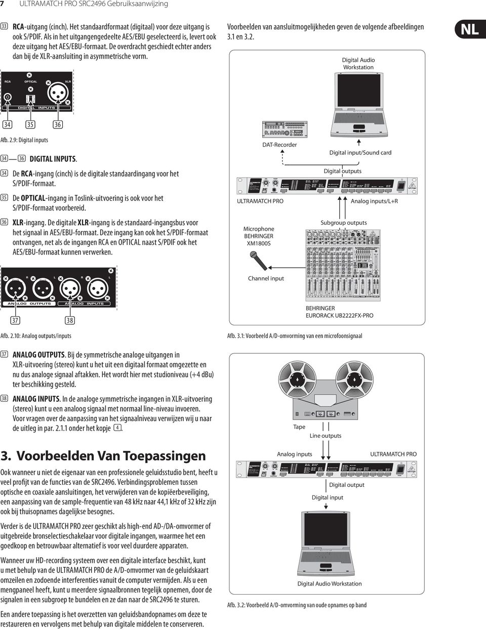 Voorbeelden van aansluitmogelijkheden geven de volgende afbeeldingen 3.1 en 3.2. Digital Audio Workstation ) (33) (34) (35) Afb. 2.9: Digital inputs (34) (36) DIGITAL INPUTS.