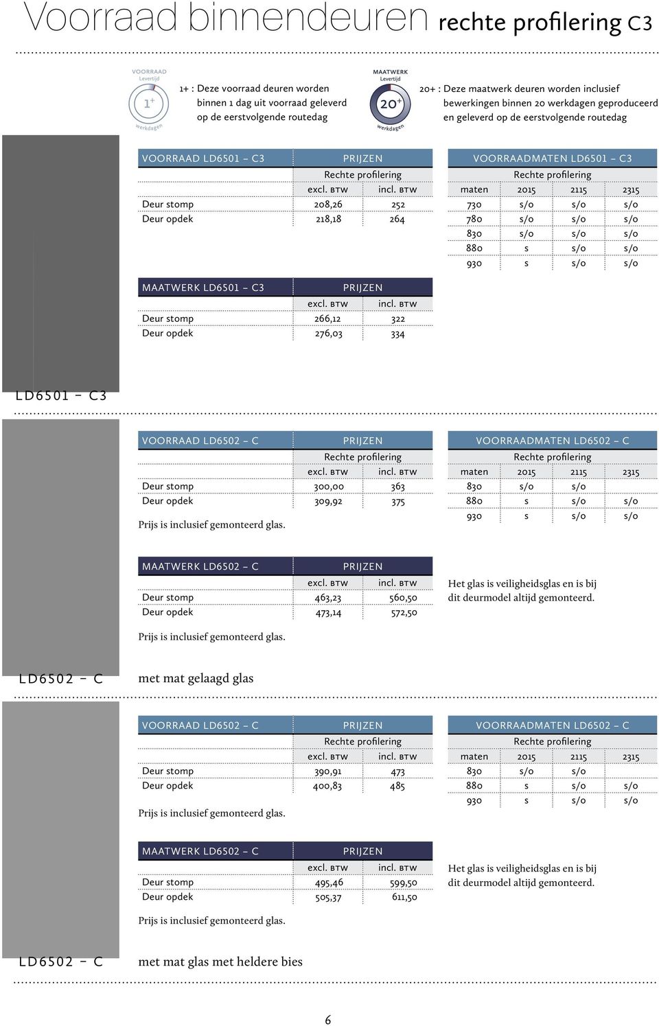266,12 322 Deur opdek 276,03 334 LD6501 C3 VOORRAAD LD6502 C Rechte profilering Deur stomp 300,00 363 Deur opdek 309,92 375 Prijs is inclusief gemonteerd glas.