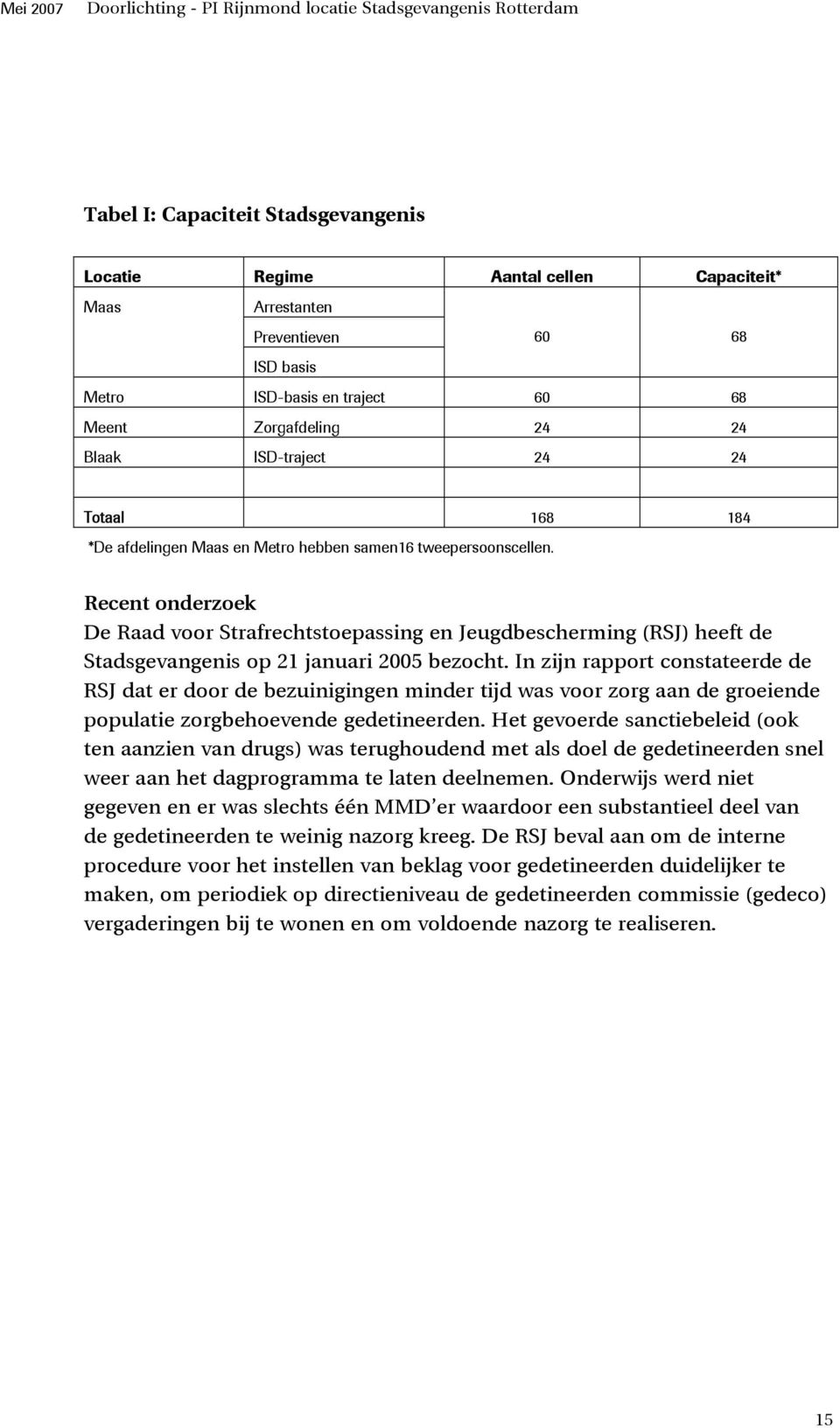 Recent onderzoek De Raad voor Strafrechtstoepassing en Jeugdbescherming (RSJ) heeft de Stadsgevangenis op 21 januari 2005 bezocht.