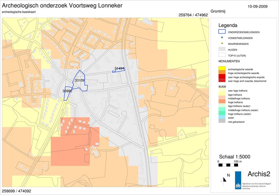 zeer hoge archeologische waarde zeer hoge arch waarde, beschermd 36990 IKAW zeer lage trefkans lage trefkans middelhoge trefkans hoge