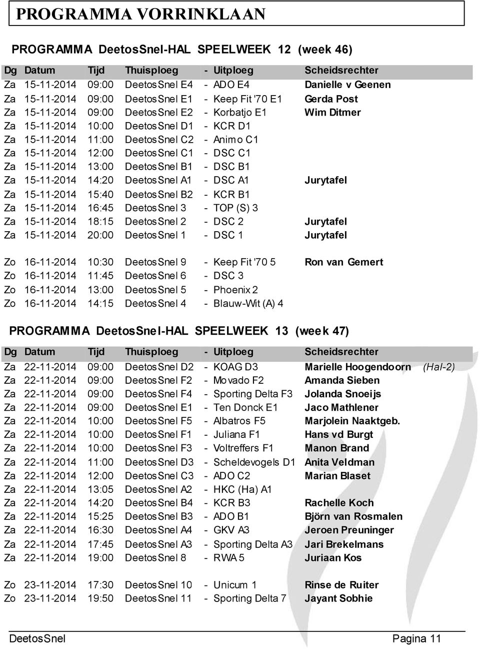 12:00 DeetoSnel C1 - DSC C1 Za 15-11-2014 13:00 DeetoSnel B1 - DSC B1 Za 15-11-2014 14:20 DeetoSnel A1 - DSC A1 Jurytafel Za 15-11-2014 15:40 DeetoSnel B2 - KCR B1 Za 15-11-2014 16:45 DeetoSnel 3 -