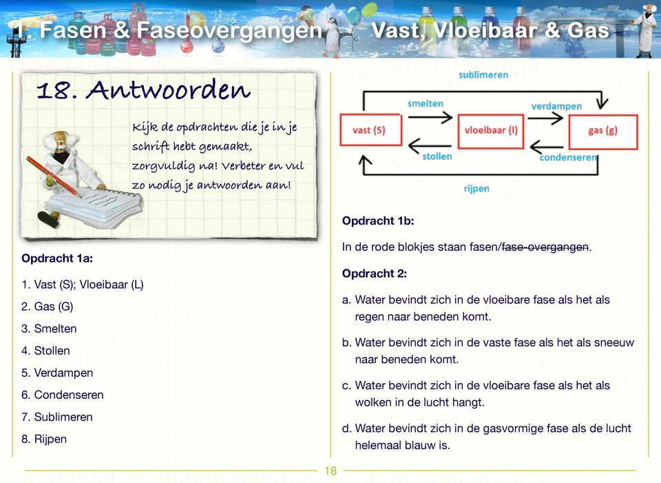 Rijpen In de rode blokjes staan fasen/fase-overgangen. Opdracht 2: a. Water bevindt zich in de vloeibare fase als het als regen naar beneden komt. b. Water bevindt zich in de vaste fase als het als sneeuw naar beneden komt.