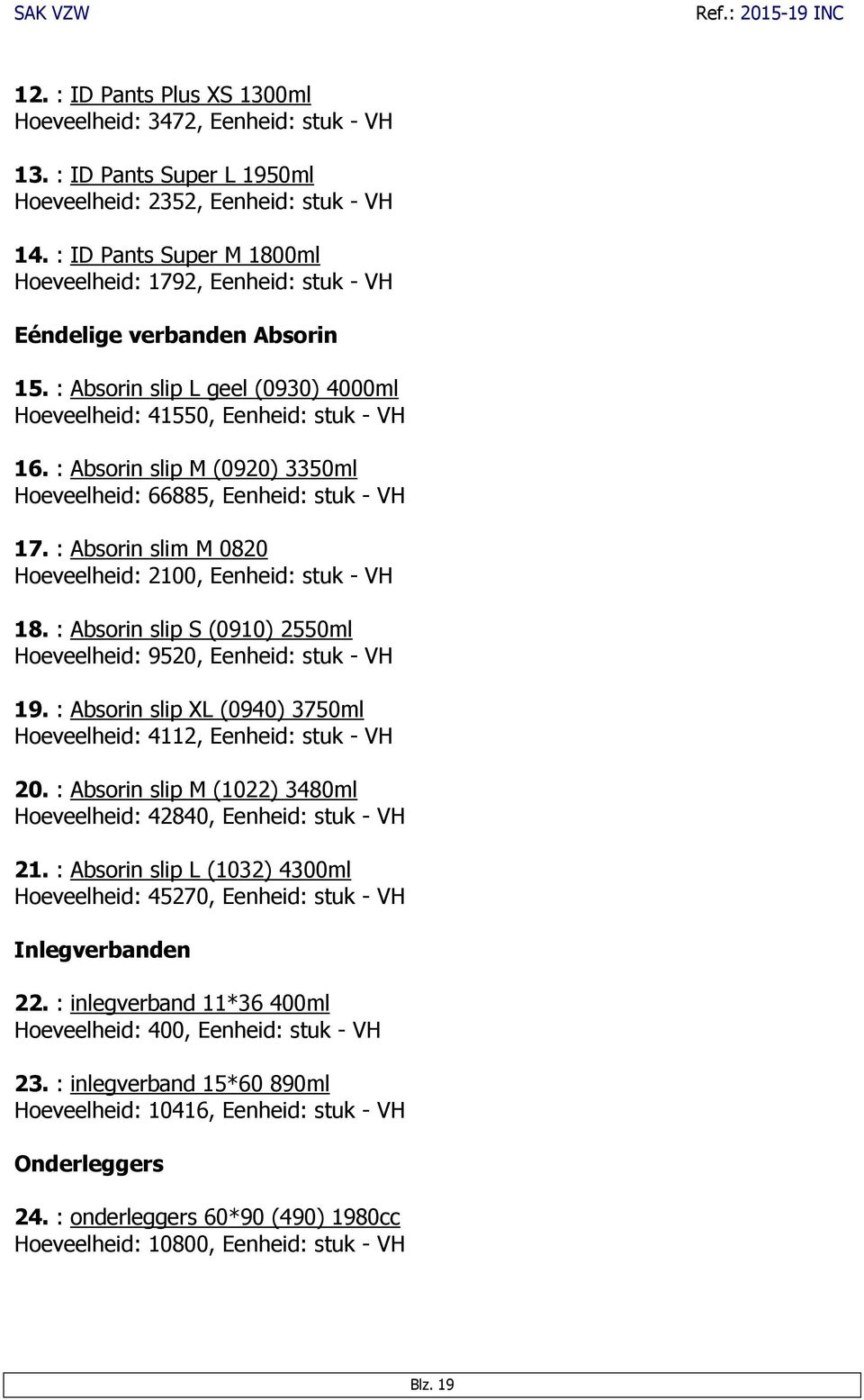 : Absorin slip M (0920) 3350ml Hoeveelheid: 66885, Eenheid: stuk - VH 17. : Absorin slim M 0820 Hoeveelheid: 2100, Eenheid: stuk - VH 18.