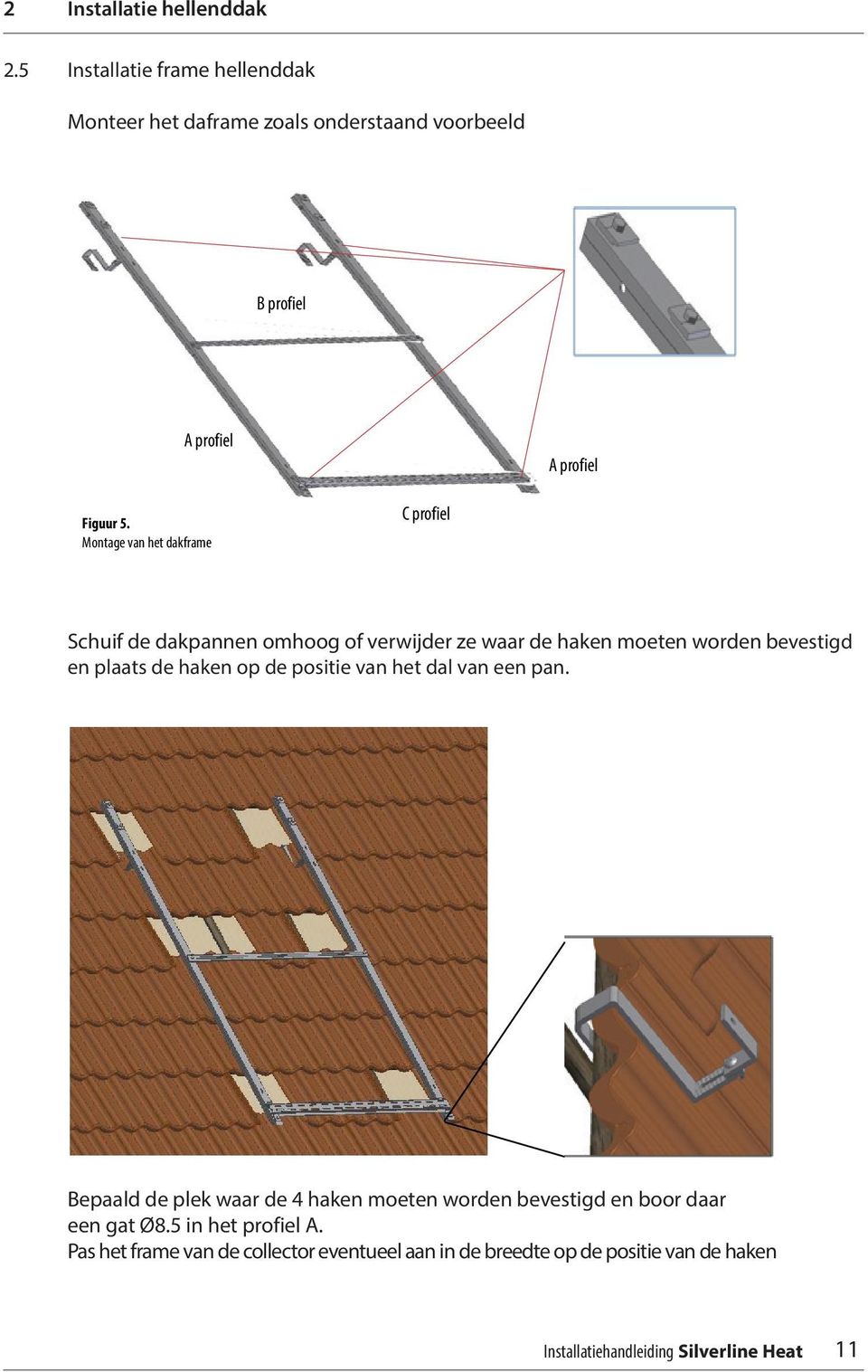 Montage van het dakframe C profiel Schuif de dakpannen omhoog of verwijder ze waar de haken moeten worden bevestigd en plaats de haken