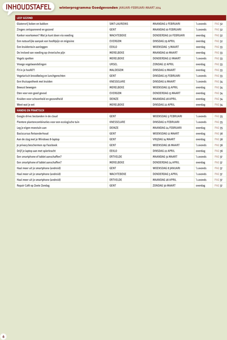 Wat je kunt doen via voeding WACHTEBEKE DONDERDAG 20 FEBRUARI overdag PAG 32 Een natuurlijke aanak van hoofdijn en migraine EVERGEM DINSDAG 29 APRIL overdag PAG 32 Een kruidentuin aanleggen EEKLO