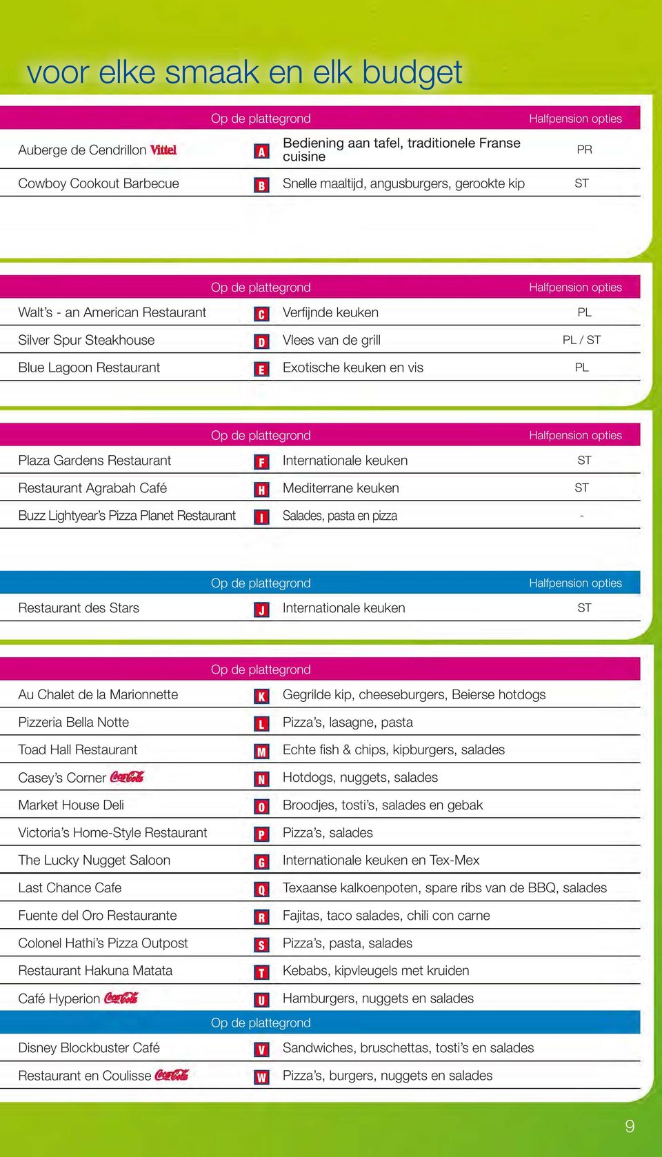 keuken en vis PL Op de plattegrond Halfpension opties Plaza Gardens Restaurant F Internationale keuken ST Restaurant Agrabah Café H Mediterrane keuken ST Buzz Lightyear s Pizza Planet Restaurant I