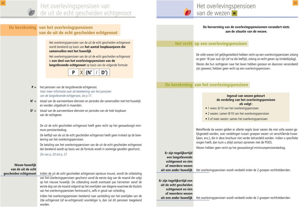 Het overlevingspensioen van de uit de echt gescheiden echtgenoot is een deel van het overlevingspensioen van de langstlevende echtgenoot op basis van de volgende formule: P X (N / D ) het pensioen