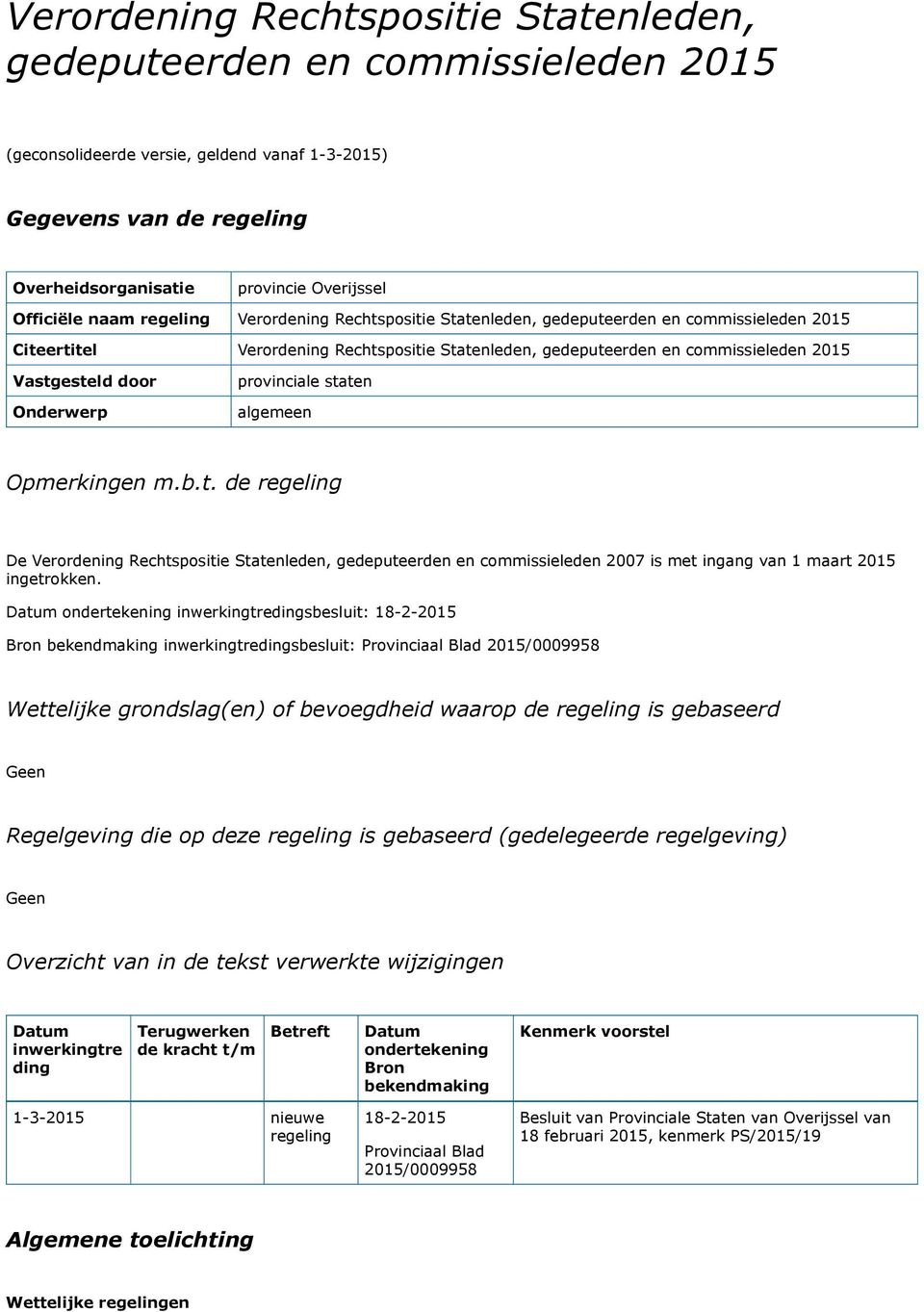 door Onderwerp provinciale staten algemeen Opmerkingen m.b.t. de regeling De Verordening Rechtspositie Statenleden, gedeputeerden en commissieleden 2007 is met ingang van 1 maart 2015 ingetrokken.