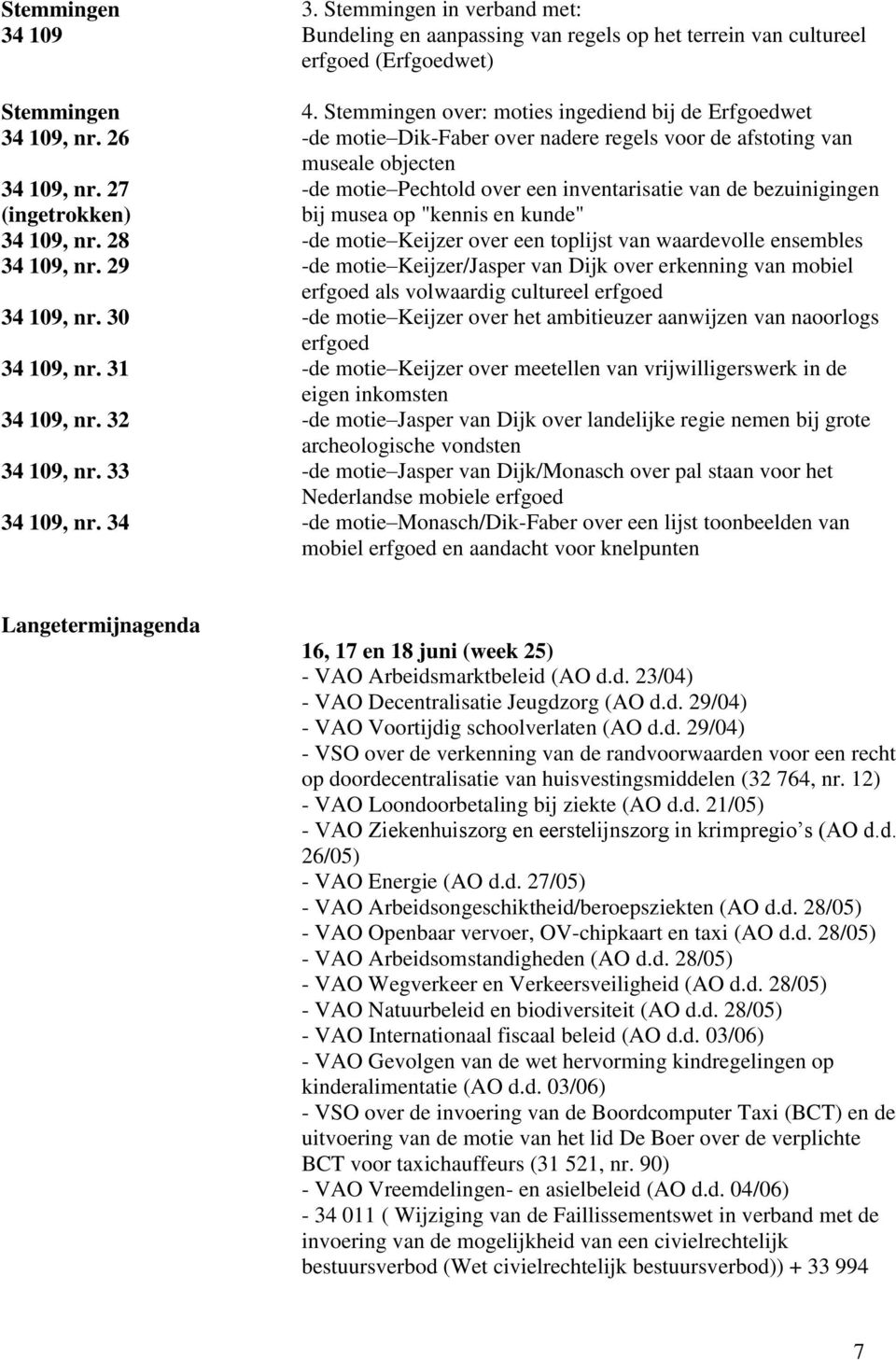 27 -de motie Pechtold over een inventarisatie van de bezuinigingen (ingetrokken) bij musea op "kennis en kunde" 34 109, nr. 28 -de motie Keijzer over een toplijst van waardevolle ensembles 34 109, nr.