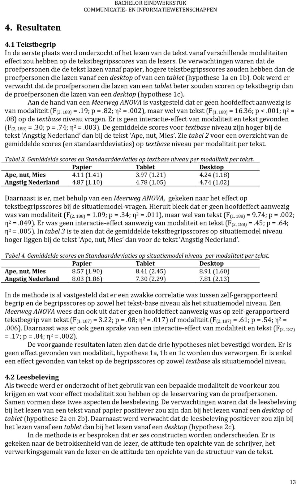 en 1b). Ook werd er verwacht dat de proefpersonen die lazen van een tablet beter zouden scoren op tekstbegrip dan de proefpersonen die lazen van een desktop (hypothese 1c).