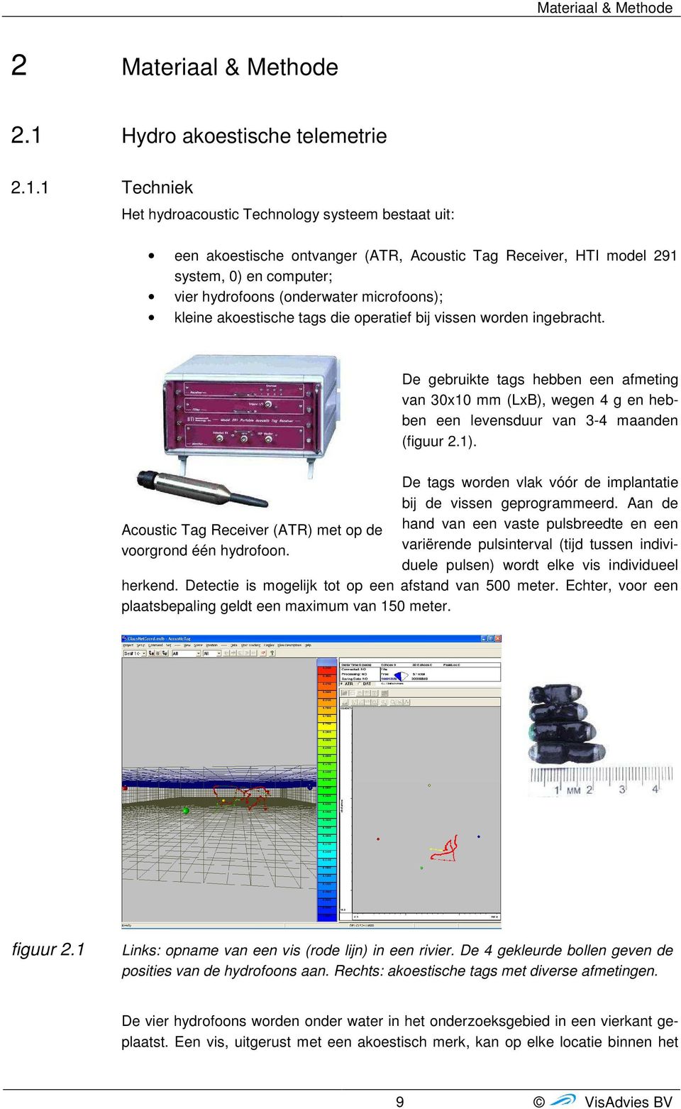 1 Techniek Het hydroacoustic Technology systeem bestaat uit: een akoestische ontvanger (ATR, Acoustic Tag Receiver, HTI model 291 system, 0) en computer; vier hydrofoons (onderwater microfoons);