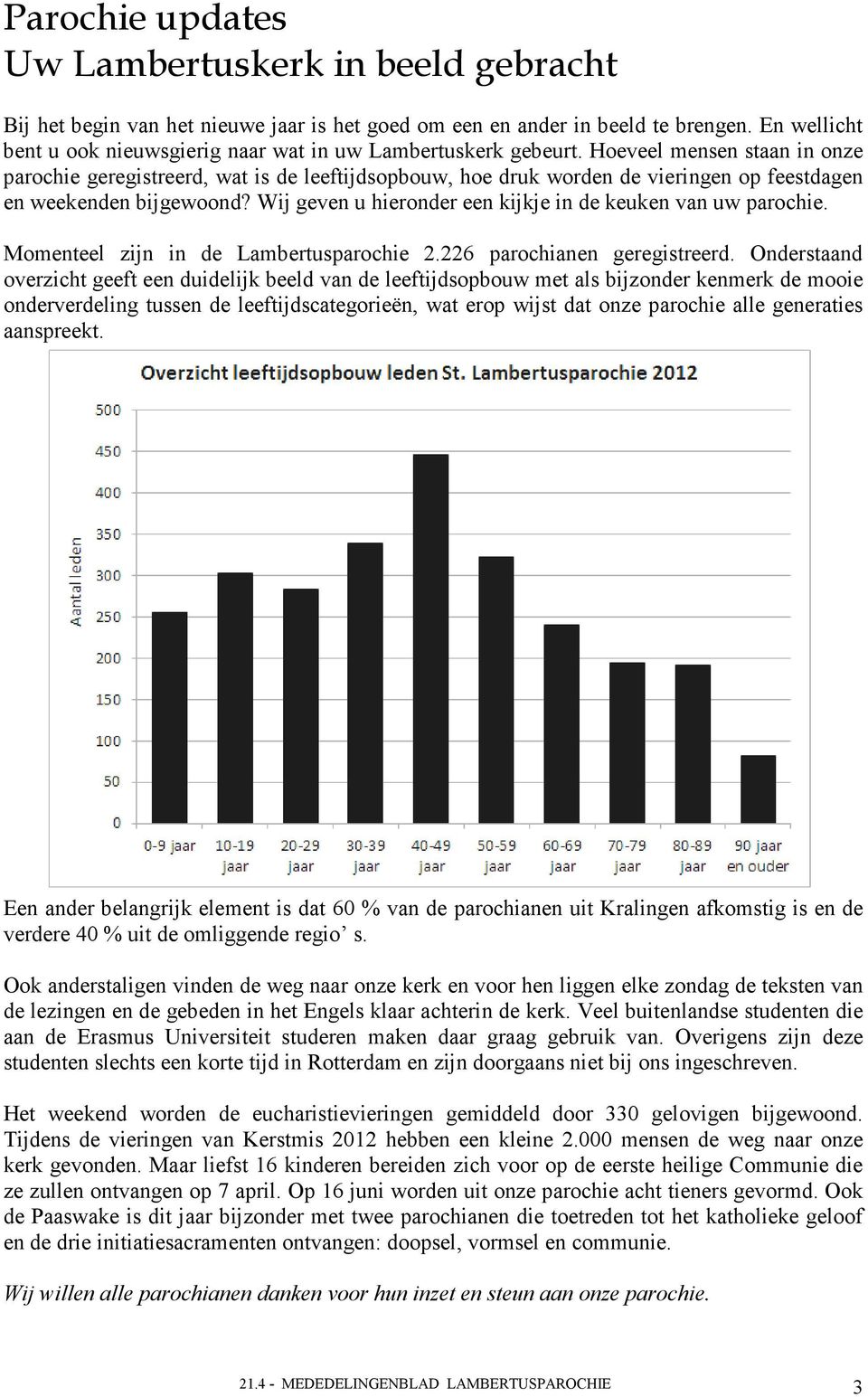 Hoeveel mensen staan in onze parochie geregistreerd, wat is de leeftijdsopbouw, hoe druk worden de vieringen op feestdagen en weekenden bijgewoond?