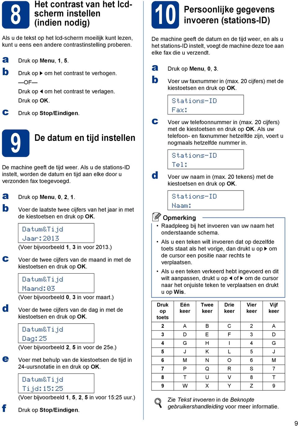 Als u de stations-id instelt, worden de datum en tijd aan elke door u verzonden fax toegevoegd. a Druk op Menu, 0, 2, 1.