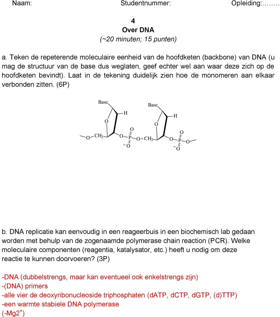 Laat in de tekening duidelijk zien hoe de monomeren aan elkaar verbonden zitten. (6P) Base CH 2 H P Base CH 2 H P b.