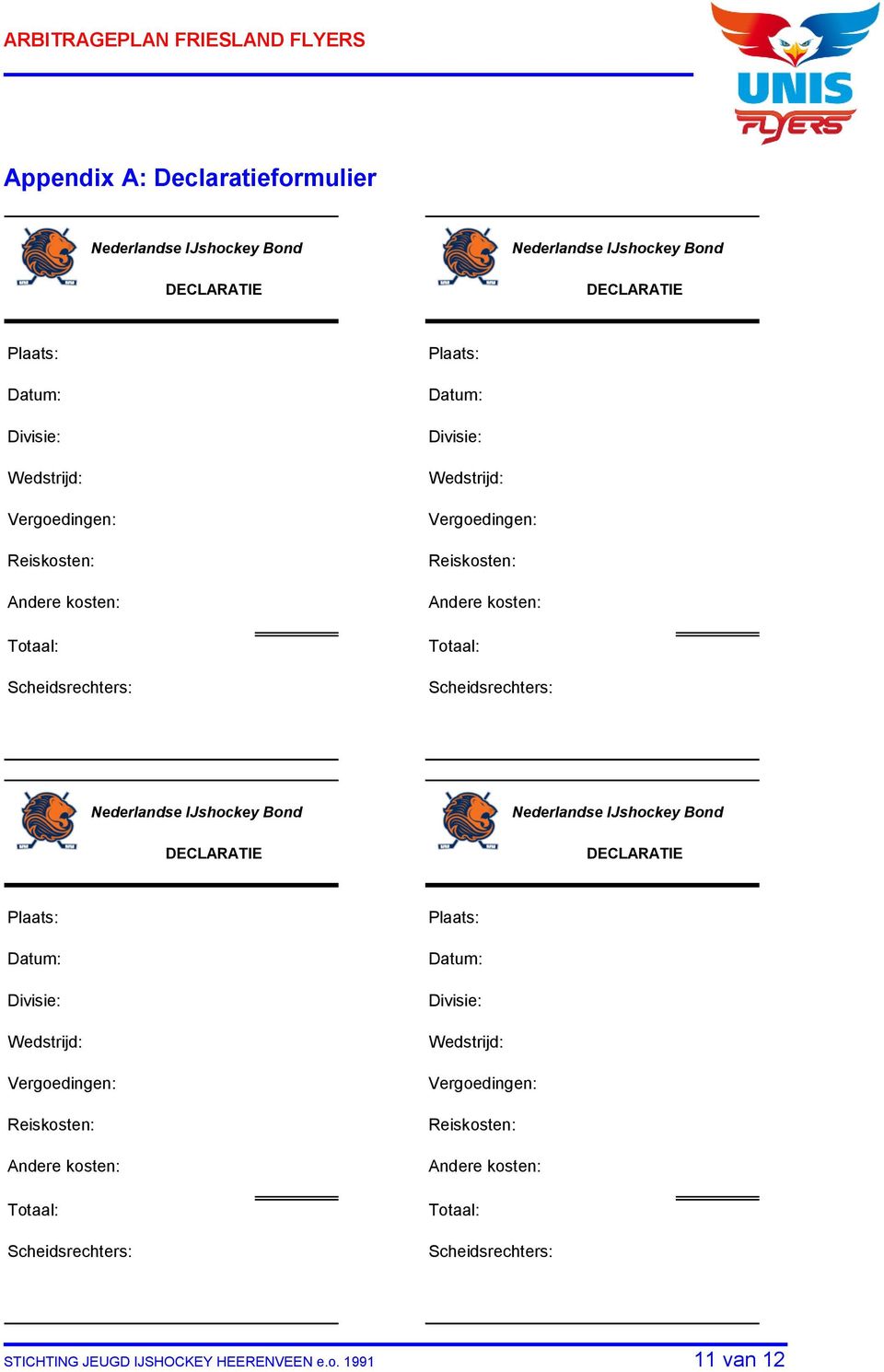 Nederlandse IJshockey Bond DECLARATIE Nederlandse IJshockey Bond DECLARATIE Plaats: Datum: Divisie: Wedstrijd: Vergoedingen:  STICHTING JEUGD IJSHOCKEY