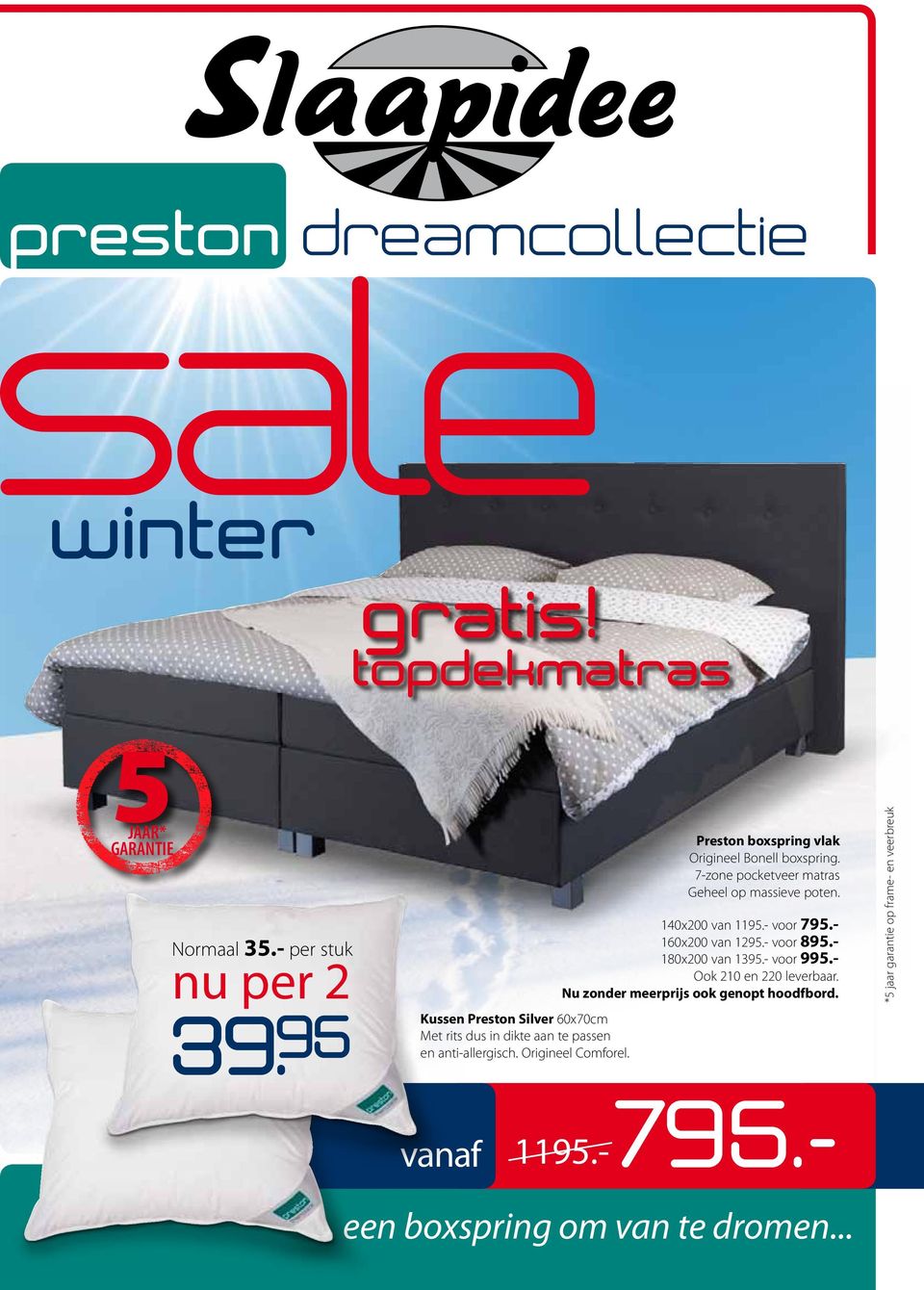 Preston boxspring vlak Origineel Bonell boxspring. 7-zone pocketveer matras Geheel op massieve poten. 140x200 van 1195.- voor 795.