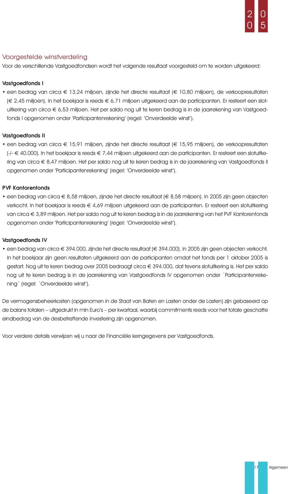 Het per saldo nog uit te keren bedrag is in de jaarrekening van Vastgoedfonds I opgenomen onder Participantenrekening (regel: Onverdeelde winst ).