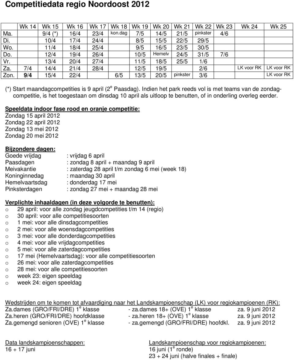 7/4 14/4 21/4 28/4 12/5 19/5 2/6 LK voor RK LK voor RK Zon. 9/4 15/4 22/4 6/5 13/5 20/5 pinkster 3/6 LK voor RK (*) Start maandagcompetities is 9 april (2 e Paasdag).