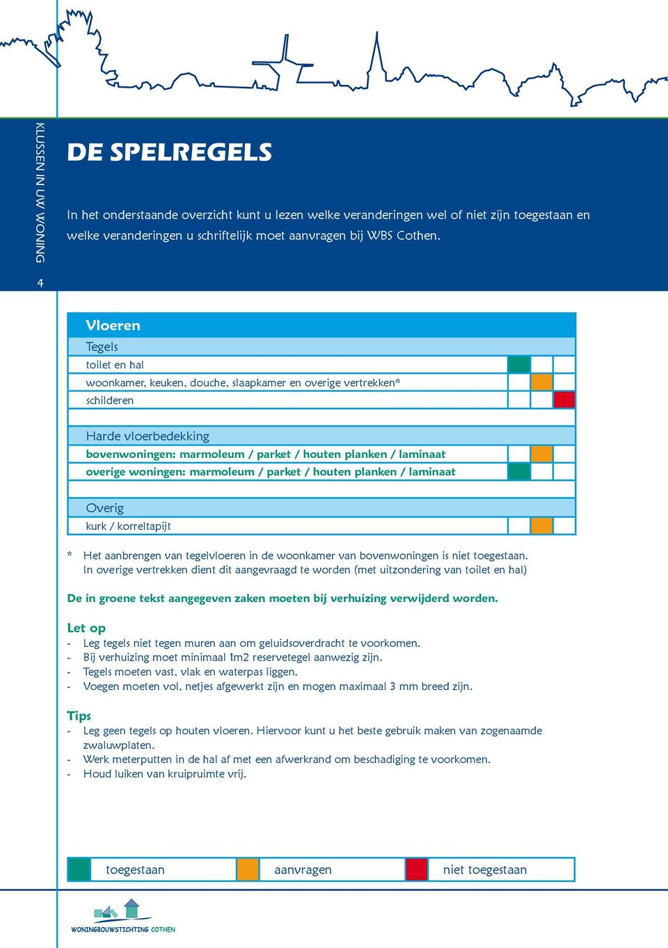 woningen: marmoleum / parket / houten planken / laminaat Overig kurk / korreltapijt * Het aanbrengen van tegelvloeren in de woonkamer van bovenwoningen is niet toegestaan.